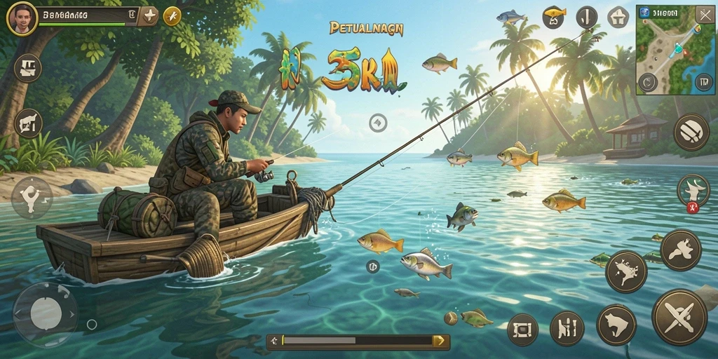 Screenshot gameplay <strong>5RT</strong> menampilkan aksi memancing yang seru di lokasi indah.
