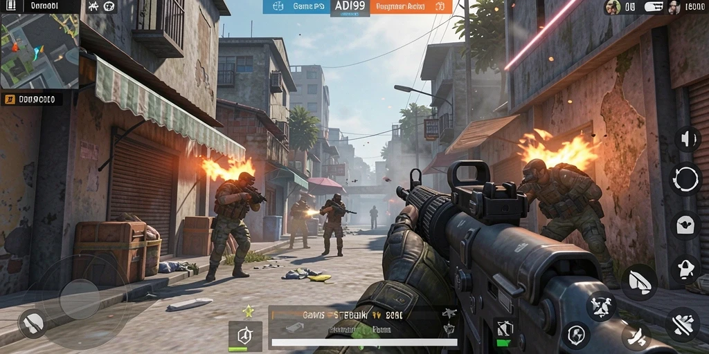 Screenshot utama ADI99 menampilkan aksi intens dan grafis yang luar biasa dalam gameplay FPS.