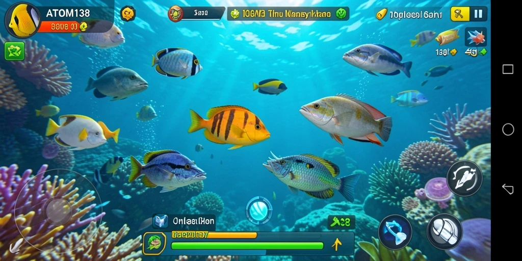 Tampilan gameplay ATOM138 yang menawan dengan aksi menembak ikan.