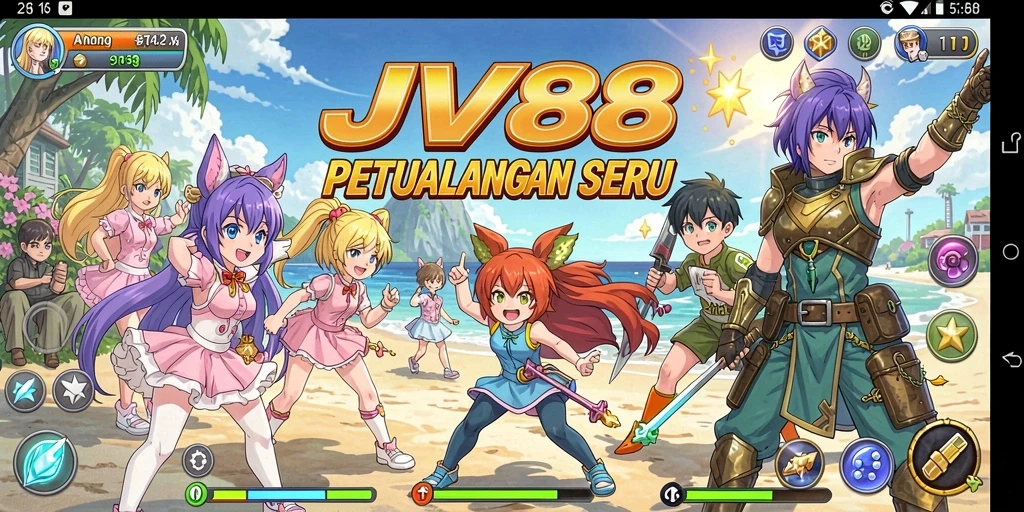 Screenshot gameplay JV88 menampilkan karakter anime dalam aksi seru.