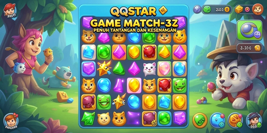 Screenshot gameplay <strong>QQSTAR</strong> menampilkan aksi mencocokkan permata yang seru.