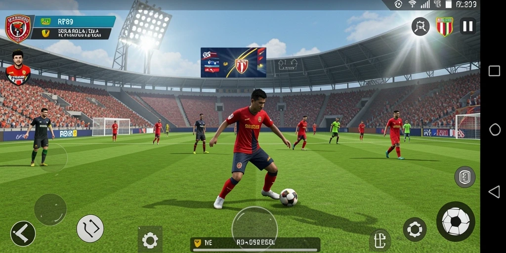 Screenshot gameplay RR89 menampilkan aksi sepak bola seru.